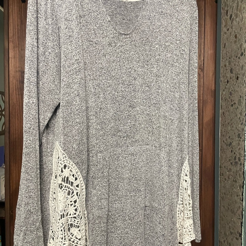 Paper Tee Gray Embellished Tunic with Lace Accents